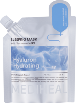 Mediheal Hyaluron Hydrating, nawilżająca maseczka na noc z 5% niacynamidem, szara saszetka, widok z przodu.