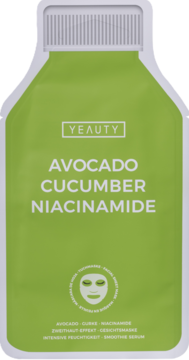 Zielona saszetka Yeauty Avocado Cucumber Niacinamide, maska w płachcie, intensywnie nawilżająca, widok z przodu.