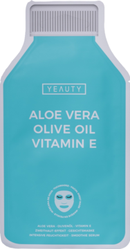 Hydrating Yeauty Aloe Vera Olive Oil Vitamin E sheet mask w turkusowej saszetce w kształcie butelki, widok z przodu.