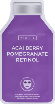 Fioletowa saszetka maski Yeauty Acai Berry Pomegranate Retinol, nawilżająca i przeciwstarzeniowa, widok z przodu.