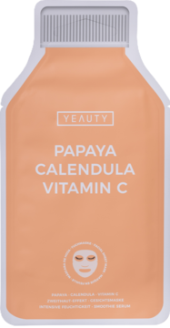 Maska w płachcie Yeauty Papaya Calendula Vitamin C, brzoskwiniowa saszetka, widok z przodu, białe napisy.