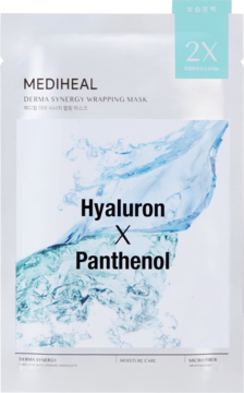 Biała maska Mediheal Derma Synergy Hyaluron x Panthenol, z efektem błękitnej wody i napisem, widok z przodu.