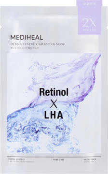Maska w płachcie Mediheal Derma Synergy Wrapping Retinol LHA. Biała saszetka z fioletowym płynem, widok z przodu.