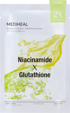 Białe opakowanie maski Mediheal Derma Synergy Wrapping Niacinamide x Glutathione z żółto-zielonym wzorem.