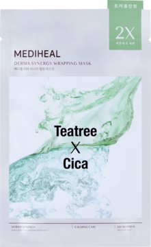 Mediheal Derma Synergy Wrapping maska w płachcie Teatree Cica, biała saszetka z zielonymi rozpryskami, widok z przodu.