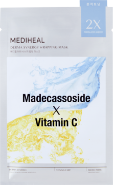 Biała maska w płachcie Mediheal Derma Synergy, Madecassoside + Vitamin C, z przodu, niebiesko-żółty design.