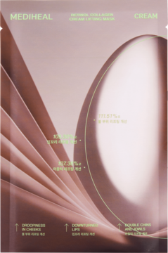Mediheal Retinol Collagen Cream Lifting Mask; jasnoróżowe opakowanie z grafiką i procentami, symbolizującymi ujędrnianie skóry.