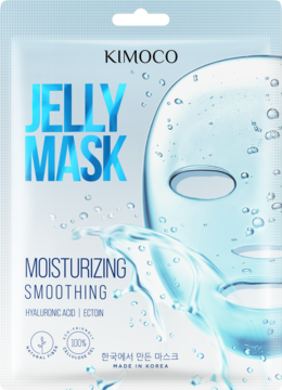 Kimoco Jelly Mask nawilżająca z kwasem hialuronowym w białej saszetce z niebieskimi napisami, widok z przodu.