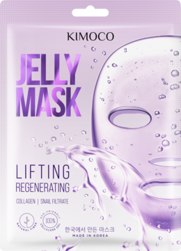 Kimoco Jelly Mask liftingująca maska w płachcie z kolagenem i śluzem ślimaka, fioletowe opakowanie, widok z przodu.