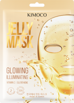 Złota saszetka Kimoco Jelly Mask z wit. C i glutationem, rozświetlająca, z grafiką maski żelowej, widok z przodu.