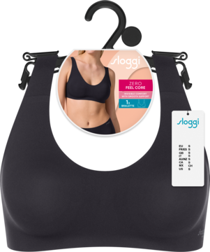 Czarny biustonosz Sloggi bralette bez fiszbin z wyjmowanymi wkładkami push-up, gładki, zawieszony na wieszaku.