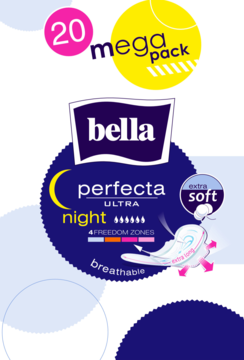Grafika Bella Perfecta Ultra Night 20 mega pack, ultracienkie podpaski na noc, extra soft, niebieskie logo.