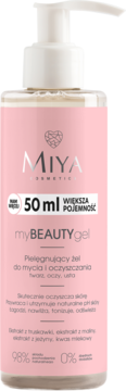Miya myBEAUTYgel 50ml, różowy żel do mycia twarzy, oczu i ust, w butelce z pompką, widok z przodu.