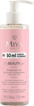Miya myBEAUTYgel 50ml, różowy żel do mycia twarzy, oczu i ust, w butelce z pompką, widok z przodu.