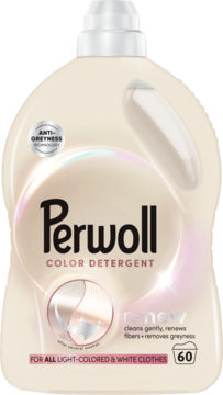 Perwoll Renew Color Detergent w kremowej butelce, widok z przodu. Do jasnych i białych ubrań, usuwa szarość.