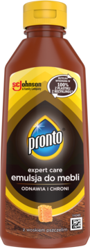 Pronto Expert Care emulsja do mebli z woskiem pszczelim, brązowa butelka z żółtą zakrętką, widok z przodu.
