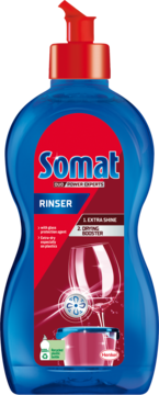 Niebieski Somat Rinser Duo Power Experts, nabłyszczacz do zmywarek z czerwoną pompką, front, z efektem Extra Shine.