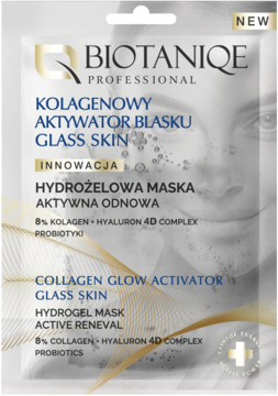 Biotaniqe Kolagenowy Aktywator Blasku Glass Skin Hydrożelowa Maska, front, biało-złote opakowanie, kolagen, probiotyki.
