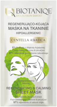 Biała saszetka maski w płachcie Biotaniqe z Centellą Asiatica, z grafiką liści i twarzy, przód.