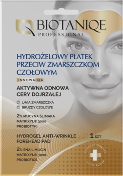 Biotaniqe Hydrożelowy Płatek Przeciw Zmarszczkom Czołowym z mucyną ślimaka i Matrixyl 3000, złoto-biała saszetka, przód.