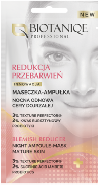 Biała saszetka Biotaniqe Redukcja Przebarwień, maseczka-ampułka z kwasem bursztynowym, z twarzą kobiety, przód.