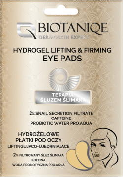 Złote opakowanie Biotaniqe Hydrogel Lifting & Firming Eye Pads ze śluzem ślimaka, kofeiną. Widok z przodu, złote płatki.