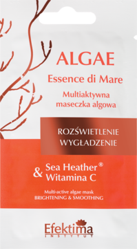 Efektima Algae Essence di Mare rozświetlająca maseczka algowa z witaminą C, biało-pomarańczowa saszetka, przód.