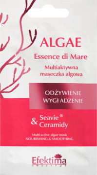 Efektima Algae Essence di Mare, odżywczo-wygładzająca maseczka algowa. Biało-różowe opakowanie z grafiką alg.