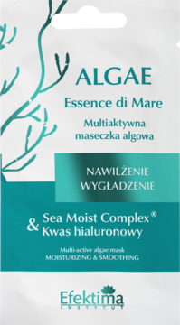 Biała saszetka maseczki algowej Efektima Algae Essence di Mare z turkusowym wzorem. Nawilża, wygładza, z kwasem hialuronowym.
