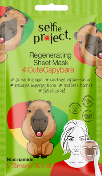 Zielona maseczka Selfie Project Regenerating Sheet Mask z rysunkami kapibar i niacynamidem, widok z przodu.