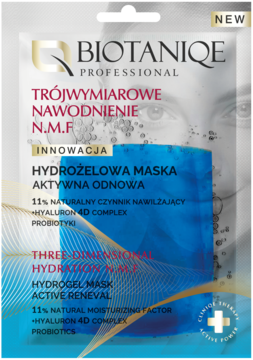 Biotaniqe Hydrożelowa Maska Aktywna Odnowa, w błyszczącej srebrno-niebieskiej saszetce, z przodu.