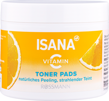 Isana Vitamin C Toner Pads, biały słoik z jaskrawą pomarańczową etykietą i grafiką, widok z przodu, dla cery pełnej blasku.
