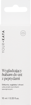 YOUR KAYA wygładzający balsam do ust z peptydami, 10 ml. Białe opakowanie z zawieszką, widok z przodu.