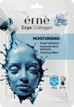 Opakowanie nawilżającej maski erne Cryo Collagen z kolagenem, ceramidami i efektem chłodzenia. Widok z przodu.