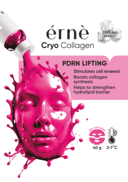 Érnè Cryo Collagen PDRN LIFTING maska w białej saszetce. Widok przodu z różowym żelem na twarzy 3D, efekt chłodzenia.