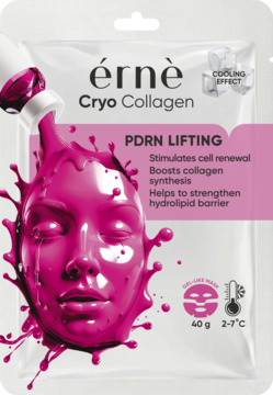 Biała saszetka maski Erne Cryo Collagen PDRN Lifting, z dynamicznym różowym wizerunkiem twarzy i efektem chłodzenia.