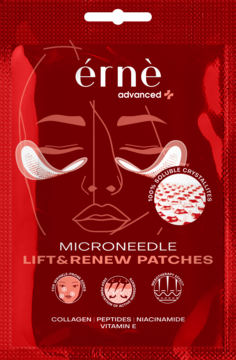 Czerwone płatki érnè Advanced Microneedle Lift&Renew Patches z kolagenem, peptydami i niacynamidem, widok z przodu.