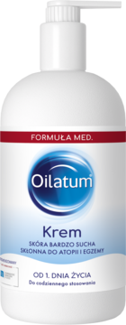 Biały krem Oilatum Formuła Med. z pompką, niebieskim logo, dla skóry suchej i atopowej, od 1. dnia życia.