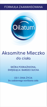 Oilatum Aksamitne Mleczko do ciała, biało-niebieskie opakowanie, widok z przodu. Dla skóry suchej, od 1. dnia życia.