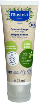 Mustela BIO Organic Diaper Cream 75 ml, beżowa tubka, bezzapachowy, z organiczną oliwą z oliwek, widok z przodu.