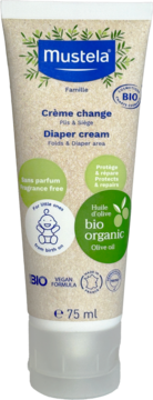 Mustela organiczny krem do przewijania z oliwą, 75ml, tubka z motywem liści, bezzapachowy.