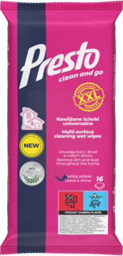 Presto Clean & Go XXL, różowe opakowanie nawilżanych ściereczek do wielu powierzchni, 16 sztuk, z połyskiem.