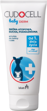 Cudocell Baby Derm emulsja na skórę atopową, biała tubka, od 1. dnia życia, z niebieskimi detalami, przód.