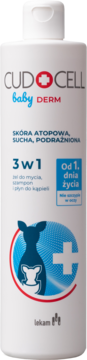 Biała butelka Cudocell Baby Derm 3w1 (żel, szampon, płyn) do skóry atopowej, suchej. Widok z przodu.
