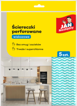 Opakowanie ściereczek perforowanych wiskozowych Jan Niezbędny, 5 szt., niebiesko-białe fale. Z przodu wizualizacja kuchni.