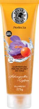 Perfecta Planet Essence Ajurwedyjski peeling do ciała Ashwagandha i Szafran, 275g, pomarańczowa tuba, widok z przodu.