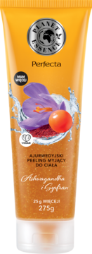 Perfecta Planet Essence Ajurwedyjski peeling do ciała Ashwagandha i Szafran, 275g, pomarańczowa tuba, widok z przodu.