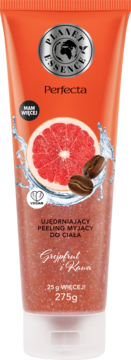 Perfecta Planet Essence ujędrniający peeling do ciała Grejpfrut i Kawa, pomarańczowa tuba, grafika cytrusa i kawy.