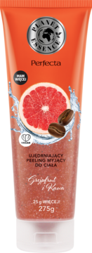 Perfecta Planet Essence ujędrniający peeling do ciała Grejpfrut i Kawa, pomarańczowa tuba, grafika cytrusa i kawy.