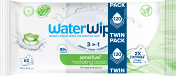 WaterWipes biodegradowalne chusteczki nawilżane z aloesem do skóry wrażliwej, dwupak, białe opakowanie, przód.